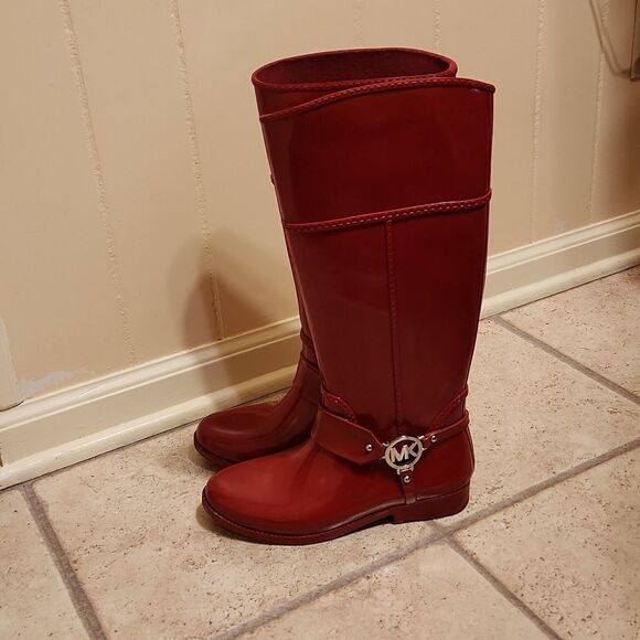 Michael Kors Women's Fulton Harness Red Tall Rubber Riding Boots Size 7 - Picture 2 of 14